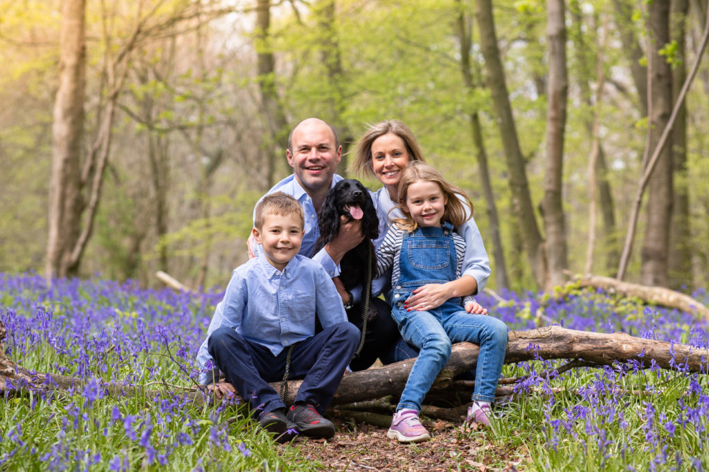 Family with son and daughter and their dog at a family photo shoot amongst the bluebells near Tring, Hertfordshire